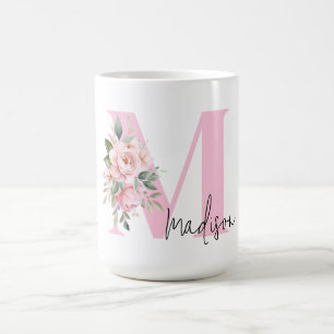 Modernes, elegantes rosa, florales Monogramm Kaffeetasse