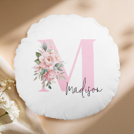 Modernes, elegantes rosa, florales Monogramm Rundes Kissen