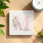 Modernes, elegantes rosa, florales Monogramm Steinuntersetzer