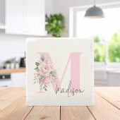 Modernes, elegantes rosa, florales Monogramm Steinuntersetzer