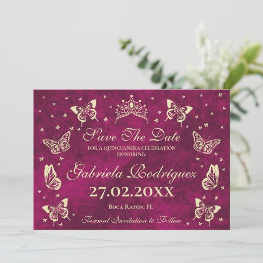Modernes elegantes Rosa Gold 15 Jahre alt Quinceañ Save The Date (Stehend Vorderseite)