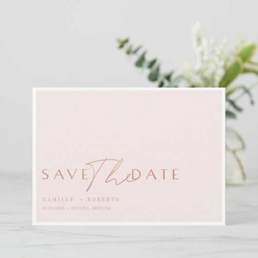 Modernes & elegantes Rosa & Rose Blush Gold Script Save The Date (Stehend Vorderseite)