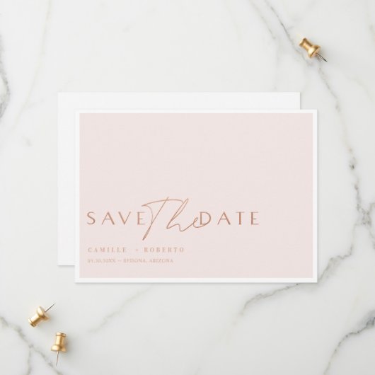 Modernes & elegantes Rosa & Rose Blush Gold Script Save The Date (Vorderseite/Rückseite Beispiel)