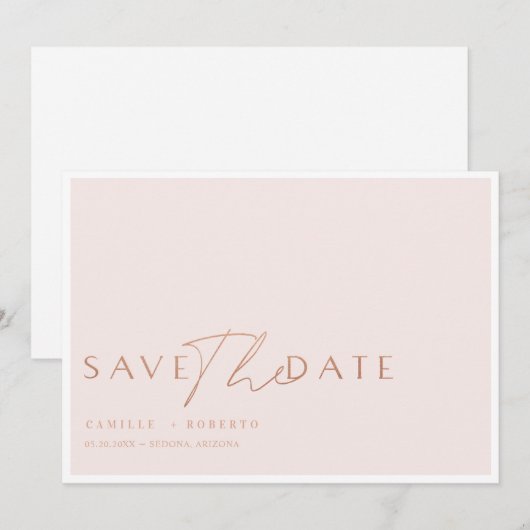 Modernes & elegantes Rosa & Rose Blush Gold Script Save The Date (Vorne/Hinten)