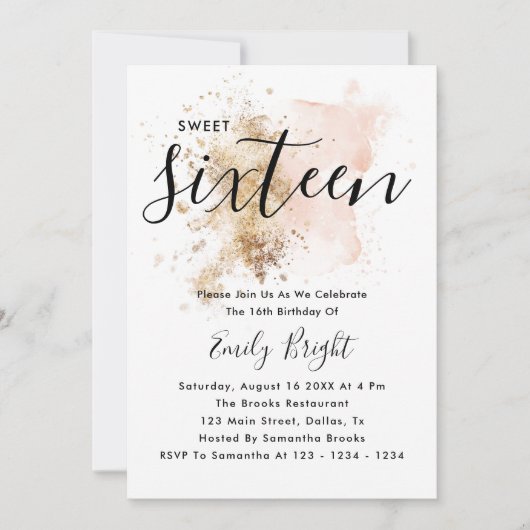 Modernes elegantes Rosa und Gold Script Sweet 16 Einladung (Vorderseite)