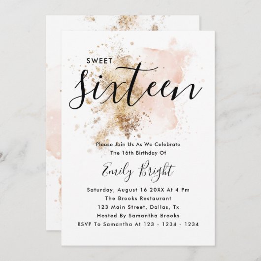 Modernes elegantes Rosa und Gold Script Sweet 16 Einladung (Vorne/Hinten)