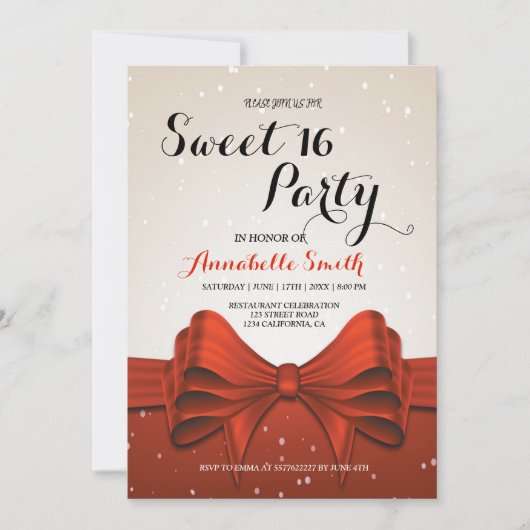 Modernes, elegantes, rotes Band süß 16 Einladung (Vorderseite)