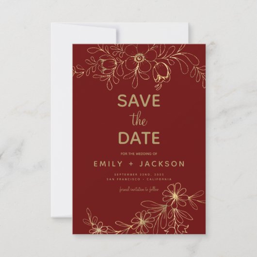 Modernes Elegantes Save the Date Burgundy Gold Flo (Vorderseite)