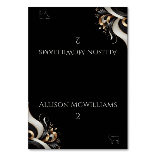 Modernes elegantes Schwarz-Gold-Meat-Symbol Tischnummer (Vorderseite)