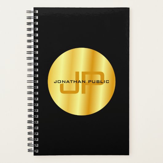 Modernes, elegantes Schwarz-Gold-Template-Monogram Planer (Vorderseite)