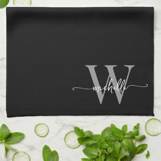 Modernes, elegantes Schwarz-Grau-Monogramm-Namenss Geschirrtuch (Gefaltet)