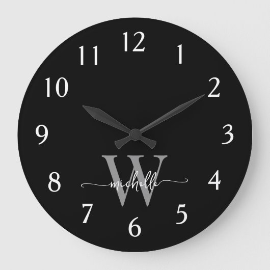 Modernes, elegantes Schwarz-Grau-Monogramm-Namenss Große Wanduhr (Vorderseite)