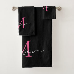 Modernes elegantes Schwarz-Rosa-Monogramm-Skript Badhandtuch Set