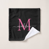 Modernes elegantes Schwarz-Rosa-Monogramm-Skript Badhandtuch Set (Waschlappen)