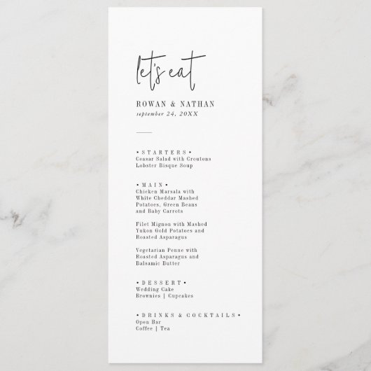 Modernes, elegantes Schwarz-Weiß-Menü zum Hochzeit Menükarte (Vorderseite)