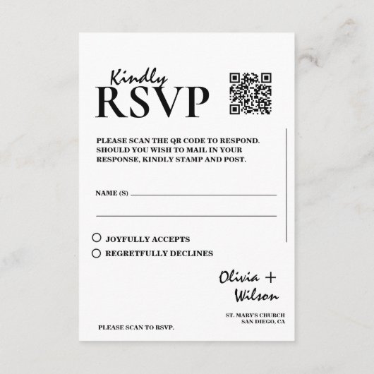 Modernes elegantes Schwarz-Weiß-QR-Code Hochzeit R Begleitkarte (Rückseite)