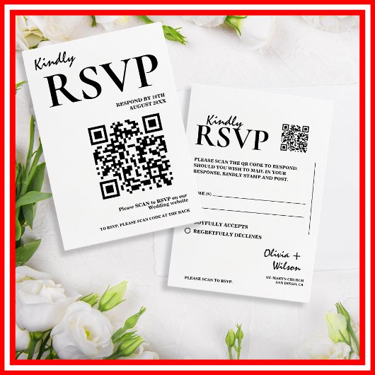 Modernes elegantes Schwarz-Weiß-QR-Code Hochzeit R RSVP Karte