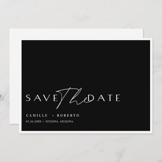 Modernes & elegantes Schwarz-Weiß-Script Save The Date (Vorne/Hinten)