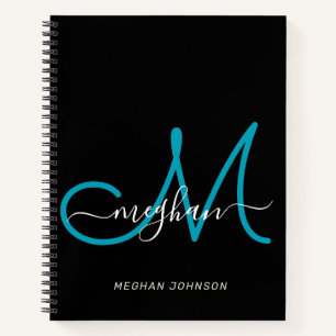 Modernes, elegantes Schwarzes Aquamarines Script M Notizblock