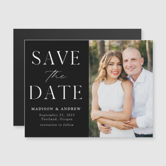 Modernes Elegantes Schwarzes Foto Save the Date Magneteinladung (Vorne/Hinten)