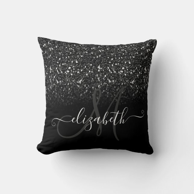 Modernes, elegantes Schwarzes Glitzer Monogram Kissen (Vorderseite)