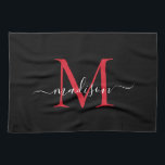 Modernes, elegantes Schwarzes Rotes Burgundy Monog Geschirrtuch<br><div class="desc">Modernes elegantes Black Burgundy Maroon Red Monogram Script Name Küchentuch</div>