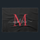 Modernes, elegantes, schwarzes, rotes Monogramm-Sk Geschirrtuch<br><div class="desc">Moderne elegante Black Burgund Maroon Red Monogram Script Name Küchentücher Handtuch</div>