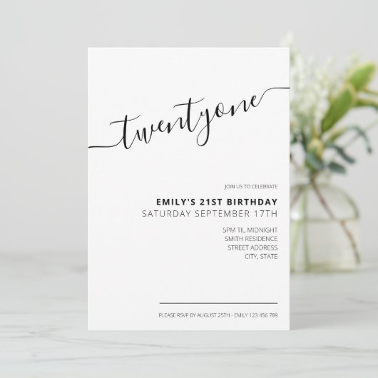 Modernes, elegantes Script 21. Geburtstag Einladung (Stehend Vorderseite)
