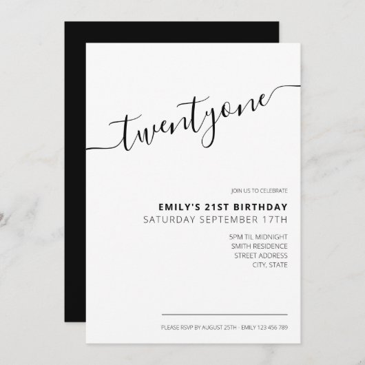 Modernes, elegantes Script 21. Geburtstag Einladung (Vorne/Hinten)