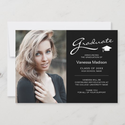Modernes, elegantes Script 2 Sided Foto Abschluss Ankündigung (Vorderseite)