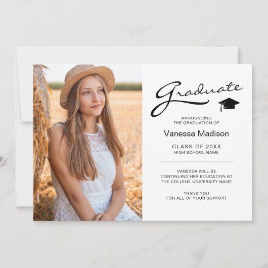 Modernes, elegantes Script 2 Sided Foto Grad Ankündigung (Vorderseite)