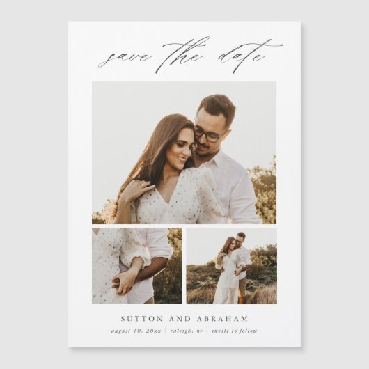 Modernes, elegantes Script 3 Foto Collage Rette di Magneteinladung (Vorderseite)