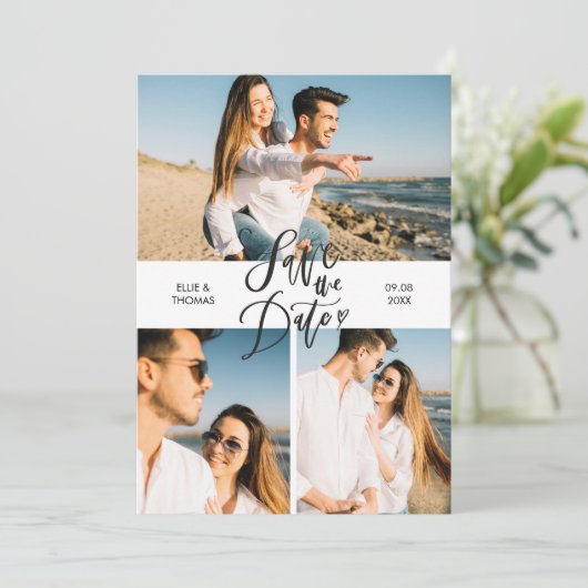 Modernes, elegantes Script 3 Fotos Collage Save The Date (Stehend Vorderseite)