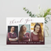 Modernes, elegantes Script Burgundy Red 3 Foto Gra Dankeskarte (Stehend Vorderseite)