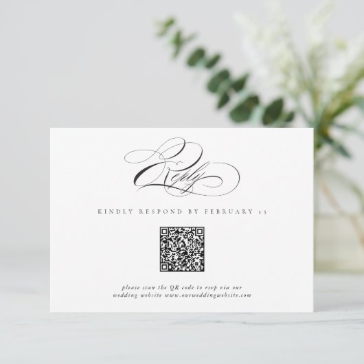 Modernes, elegantes Script Classic QR Code Wedding RSVP Karte (Stehend Vorderseite)