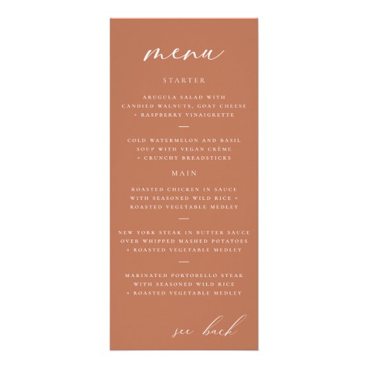Modernes, elegantes Script Clay Wedding Menu Werbekarte (Vorne)
