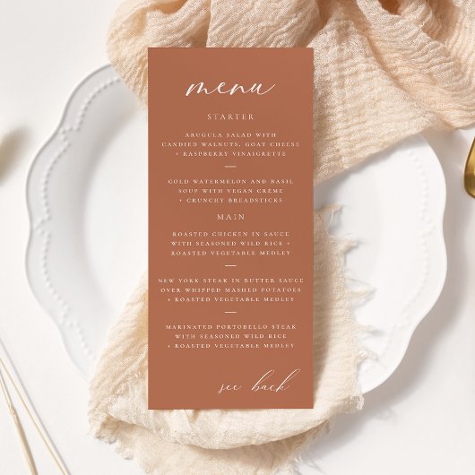 Modernes, elegantes Script Clay Wedding Menu Werbekarte