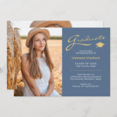 Modernes, elegantes Script Dusty Blue | 2 Foto Gra Ankündigung (Vorne/Hinten)