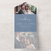Modernes, elegantes Script Dusty Blue 2 Foto Weddi All In One Einladung (Innen Boden)