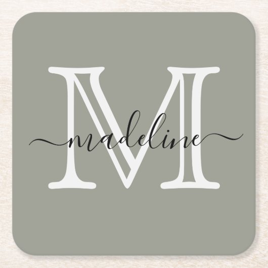 Modernes, elegantes Script Evergreen Fog Monogram Rechteckiger Pappuntersetzer (Vorderseite)
