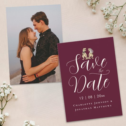 Modernes, elegantes Script-Foto Funny Dinosaur Wed Save The Date