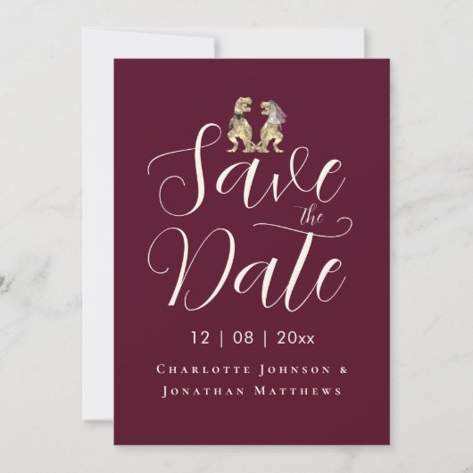 Modernes, elegantes Script-Foto Funny Dinosaur Wed Save The Date (Vorderseite)