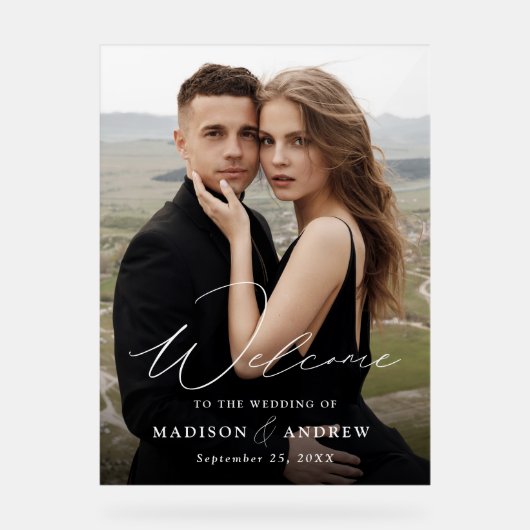 Modernes, elegantes Script-Foto Hochzeit Willkomme Acrylschild (Vorderseite)