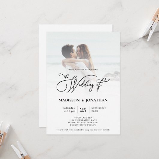 Modernes, elegantes Script-Foto QR-Code Hochzeit Einladung (Vorderseite/Rückseite Beispiel)