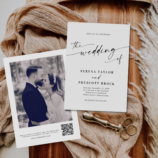 Modernes, elegantes Script-Foto QR-Code Hochzeit Einladung