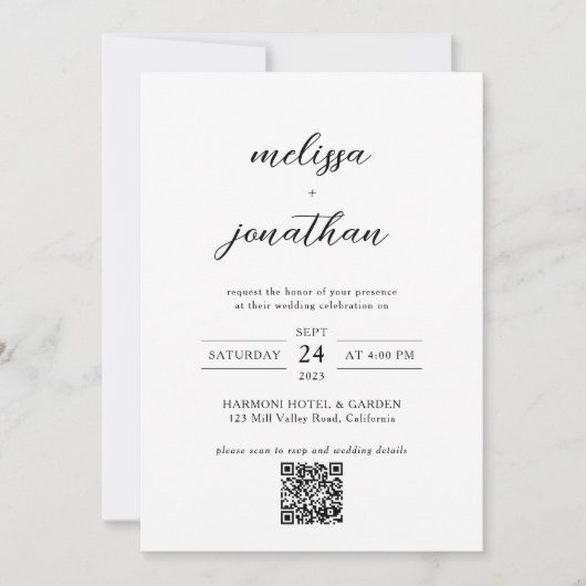 Modernes, elegantes Script-Foto QR-Code-UAwg Weddi Einladung (Vorderseite)