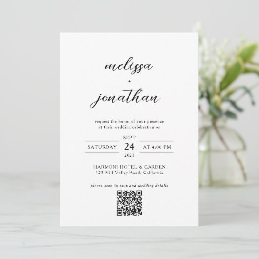 Modernes, elegantes Script-Foto QR-Code-UAwg Weddi Einladung (Stehend Vorderseite)