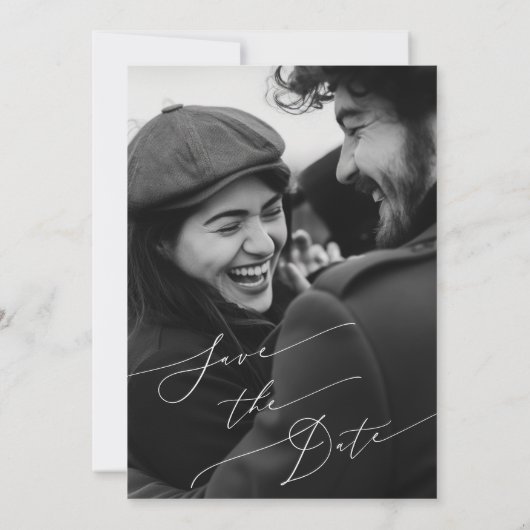 Modernes, elegantes Script-Foto Save the Date (Rückseite)