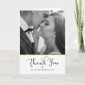 Modernes, elegantes Script Gold Heart Wedding Foto Dankeskarte (Vorderseite)