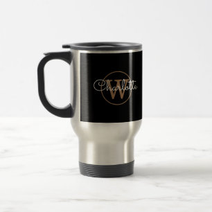 Modernes, elegantes Script Gold Monogram Black  Reisebecher